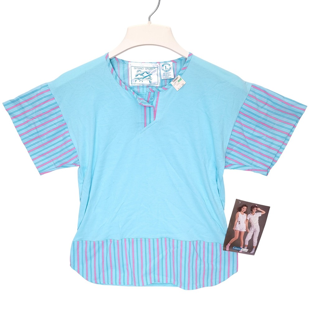 Vintage‎ 90s Gitano Sport Aqua Blue Striped Henley Top NWT Size Large